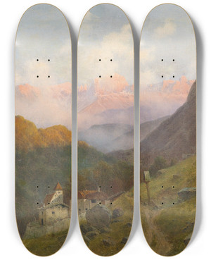 Triptych art skateboard deck of Josef Von Schlgl Blick Auf Den Rosengarten by Josef Von Schlogl (1851-1918)