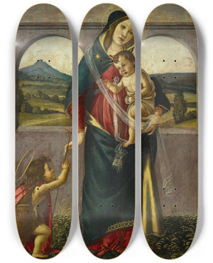 Triptych art skateboard deck of Follower Of Botticelli Madonna And Child With The Infant Saint John The Baptist by Follower Of Botticelli (1445-1510)