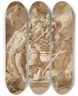 Triptych art skateboard deck of Giovanni Battista Tiepolo The Virgin And Child Enthroned With Saint Sebastian And A Franciscan Saint by Giovanni Battista Tiepolo (1696-1770)