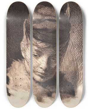 Triptych art skateboard deck of Frans Schwartz Ung Pige Med Hue Og Slr by Frans Schwartz (1850-1917)