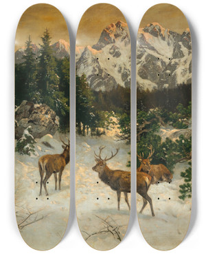Triptych art skateboard deck of Josef Schmitzberger Red Deer In The Alps In Winter by Josef Schmitzberger (1851-1930)