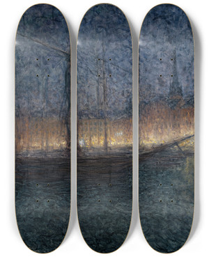 Triptych art skateboard deck of Eugne Jansson Evening In Kornhamnstorg Stockholm by Eugene Jansson (1862-1915)