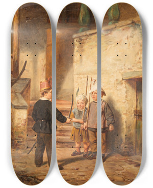 Triptych art skateboard deck of Auguste Bachelin Children Playing Soldiers by Auguste Bachelin (1830-1890)