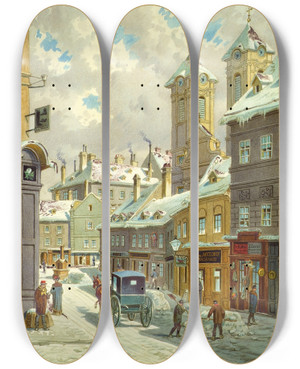 Triptych art skateboard deck of Franz Gerasch Die Neustiftgasse In Wien Mit Der Ulrichskirche by Franz Gerasch (1826-1906)