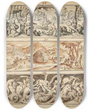 Triptych art skateboard deck of Bartholomus Dietterlin Findung Mosis Die Arche Und Drei Weitere Kompositionen by Bartholomaus Dietterlin (1609-1624)