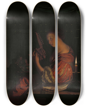 Triptych art skateboard deck of Frans Van Mieris The Elder Vrouw Die Een Teorbe Stemt by Frans Van Mieris The Elder (1635-1681)