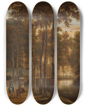 Triptych art skateboard deck of Jan Hackaert The Avenue Of Birches by Jan Hackaert (1629-1700)