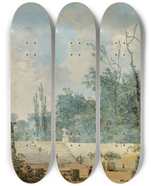 Triptych art skateboard deck of Louis Gabriel Moreau Deux Vues Du Parc De Saintcloud by Louis Gabriel Moreau (1740-1806)