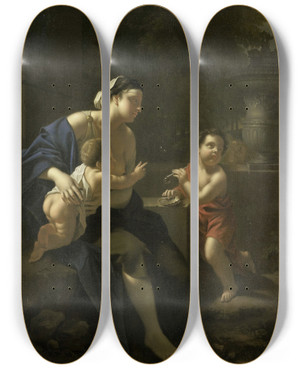 Triptych art skateboard deck of Pieter Van Der Werff Blowing Bubbles by Pieter Van Der Werff (1665-1722)