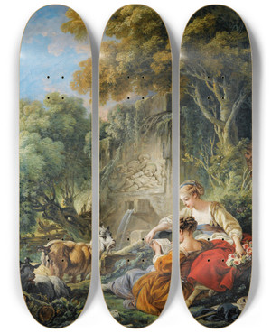 Triptych art skateboard deck of Franois Boucher Reading The Letter by Francois Boucher (1703-1770)