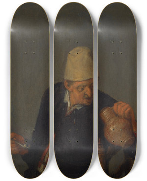 Triptych art skateboard deck of Cornelis Dusart A Peasant Holding A Jug And Pipe by Cornelis Dusart (1660-1704)