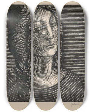 Triptych art skateboard deck of Mikul Galanda Head Of A Woman With Long Braids_1 by Mikulas Galanda (1895-1938)