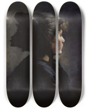Triptych art skateboard deck of Theodore Clement Steele Munich Girl by Theodore Clement Steele (1847-1926)