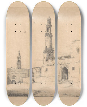 Triptych art skateboard deck of Marius Bauer Straataanzicht Met Moskeen by Marius Bauer (1867-1932)