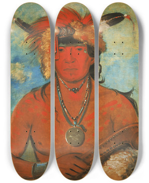 Triptych art skateboard deck of George Catlin Hhjedayahshee Meeting Birds A Brave by George Catlin (1796-1872)