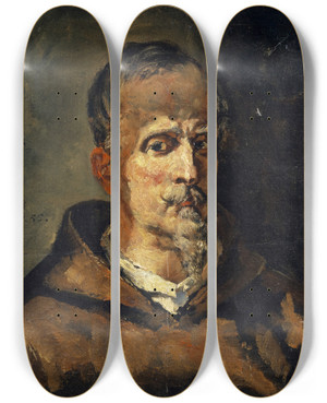 Triptych art skateboard deck of Frank Buchser Bust Of A Capuchin Representing The Photographer Oberli Of Solothurn In A Cowl by Frank Buchser (1828-1890)