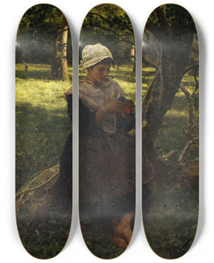 Triptych art skateboard deck of Jules Breton A Peasant Girl Knitting by Jules Breton (1827-1906)