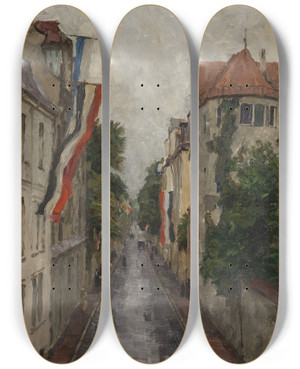 Triptych art skateboard deck of Charles Vetter Die Kaulbachstrae In Mnchen by Charles Vetter (1858-1936)