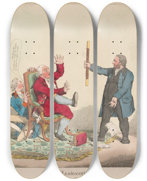 Triptych art skateboard deck of Charles Ansell The Resignation by Charles Ansell
