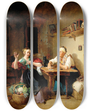 Triptych art skateboard deck of Eduard Ritter At The Fortune Teller by Eduard Ritter (1808-1853)
