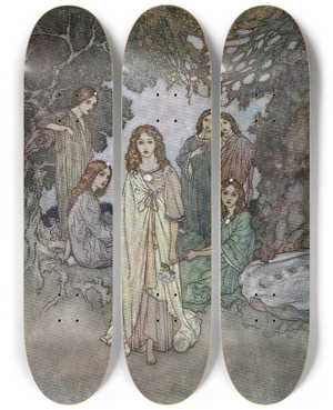 Triptych art skateboard deck of Edmund Dulac The Garden Of Paradise Pl 3 by Edmund Dulac (1882-1953)