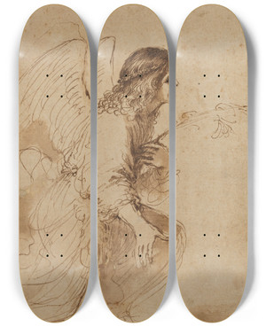Triptych art skateboard deck of Guercino The Angel Of The Annunciation by Guercino (1591-1666)