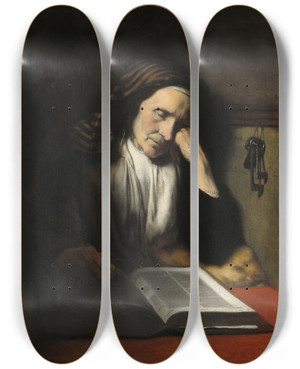 Triptych art skateboard deck of Nicolaes Maes An Old Woman Dozing Over A Book by Nicolaes Maes (1634-1693)