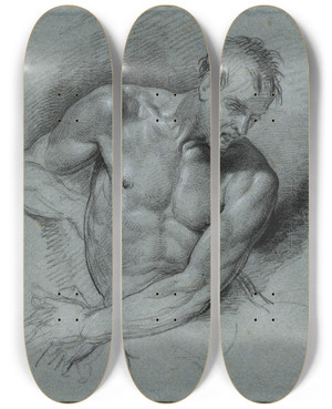 Triptych art skateboard deck of David Humbert De Superville Zittend Mannelijk Naakt Halffiguur by David Humbert De Superville (1770-1849)