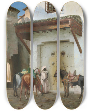 Triptych art skateboard deck of Jeanlon Grme Chevaux Tenus Par Un Esclave La Halte by Jean-Lon Grme (1824-1904)