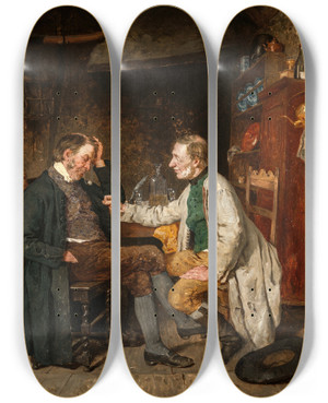 Triptych art skateboard deck of August Jernberg The Borrower by August Jernberg (1826-1896)