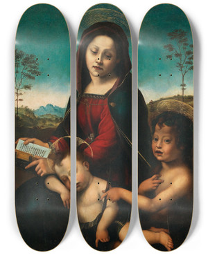Triptych art skateboard deck of Florentine School Madonna And Child With The Infant Saint John The Baptist by Florentine School