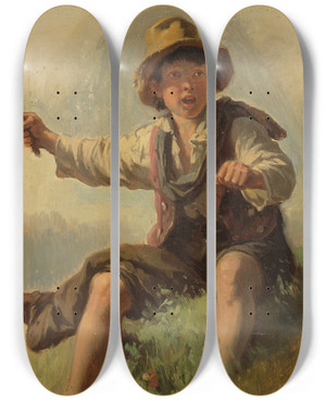 Triptych art skateboard deck of Johann Baptist Kirner Italienerbub Auf Einem Heukarren Sitzend by Johann Baptist Kirner (1806-1866)