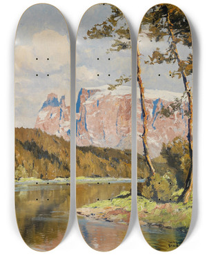 Triptych art skateboard deck of Hans Maurus Costalovarasee Mit Schlern by Hans Maurus (1901-1942)