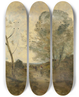 Triptych art skateboard deck of Jeanbaptistecamille Corot Environs Darleux Paysanne Conduisant Une Vache Au Pturage Effet De Matin by Jean-Baptiste-Camille Corot (1796-1875)