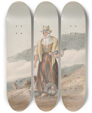 Triptych art skateboard deck of Alfred Diston Woman Of Ycod El Alto Tenerife by Alfred Diston (1793-1861)