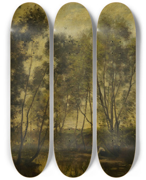 Triptych art skateboard deck of Stanislas Lpine Woman By A Stream by Stanislas Lepine (1835-1892)