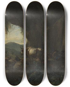Triptych art skateboard deck of Willem Romeyn A Shepherd And Cattle In A Cave_2 by Willem Romeyn (1624-1694)