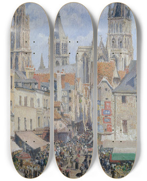 Triptych art skateboard deck of Camille Pissarro Rue De Lpicerie Rouen Effect Of Sunlight_2 by Camille Pissarro (1830-1903)