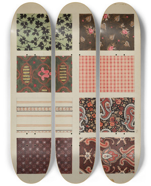 Triptych art skateboard deck of Dorothy Posten Figured Material From Quilt_1 by Dorothy Posten