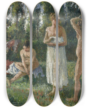 Triptych art skateboard deck of Camille Pissarro Baigneuses by Camille Pissarro (1830-1903)