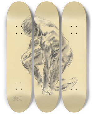 Triptych art skateboard deck of Georg Kolbe Auf Dem Linken Knie Nach Links Kniender Mnnlicher Akt Das Rechte Bein Aufgesttzt Die Rechte Hand Auf Dem Rechten Knie Den Linken Arm Gesenkt Abwrts Blickend by Georg Kolbe