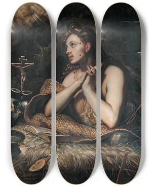 Triptych art skateboard deck of Jacopo Tintoretto Penitent Magdalene by Jacopo Tintoretto (1518-1594)