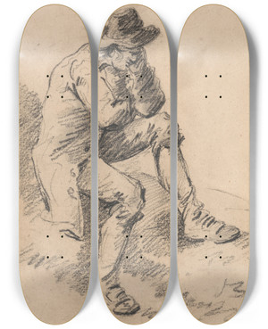 Triptych art skateboard deck of George Morland Man Seated On A Bank by George Morland (1763-1804)