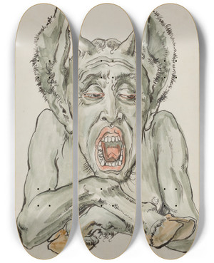 Triptych art skateboard deck of Jan Matejko Bust Of The Devil With An Open Mouth by Jan Matejko (1838-1893)