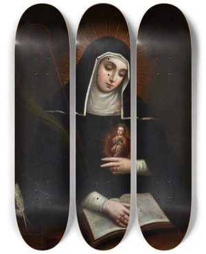 Triptych art skateboard deck of Miguel Cabrera Saint Gertrude Santa Gertrudis by Miguel Cabrera (1695-1768)