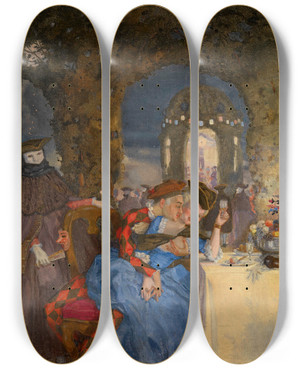 Triptych art skateboard deck of Konstantin Andreevich Somov Rendezvous by Konstantin Andreevich Somov (1869-1939)