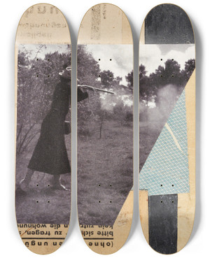 Triptych art skateboard deck of Kurt Schwitters Mit Jgerin Merzzeichnung by Kurt Schwitters (1887-1948)