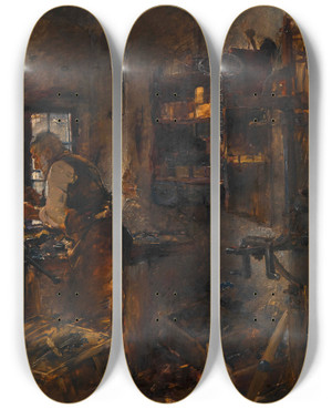 Triptych art skateboard deck of Carl Von Merode Schlosserwerksttte by Carl Von Merode (1853-1909)