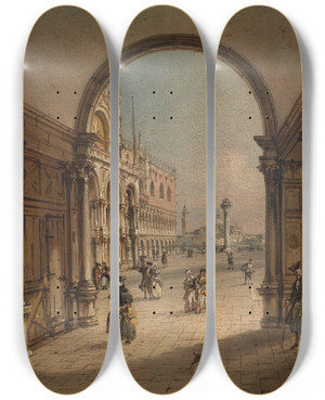 Triptych art skateboard deck of Carlo Grubacs Piazzetta San Marco by Carlo Grubacs (1812-1870)