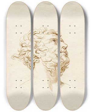 Triptych art skateboard deck of David Humbert De Superville Mannenkop Met Bakkebaarden En Knevel Omhoogkijkend by David Humbert De Superville (1770-1849)